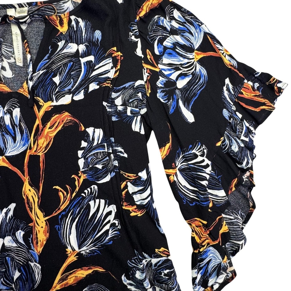 Lauren Conrad Shirt Womens XS Floral Blouse Ruffle Bell Sleeve Black Orange Blue
